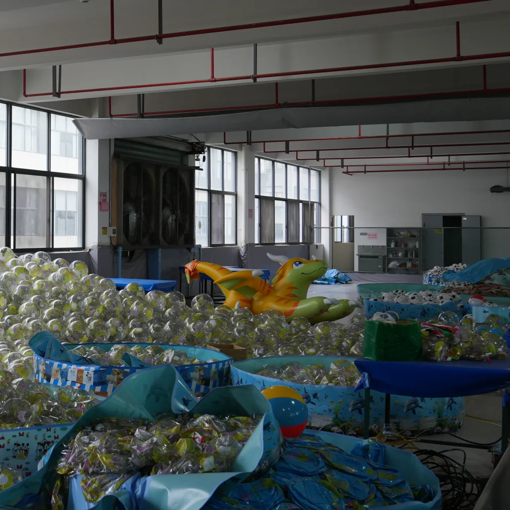 Workshop with finished inflatable toys and pools
