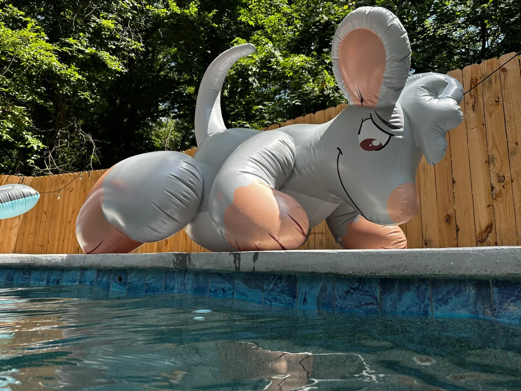 Custom inflatable mouse beside a pool